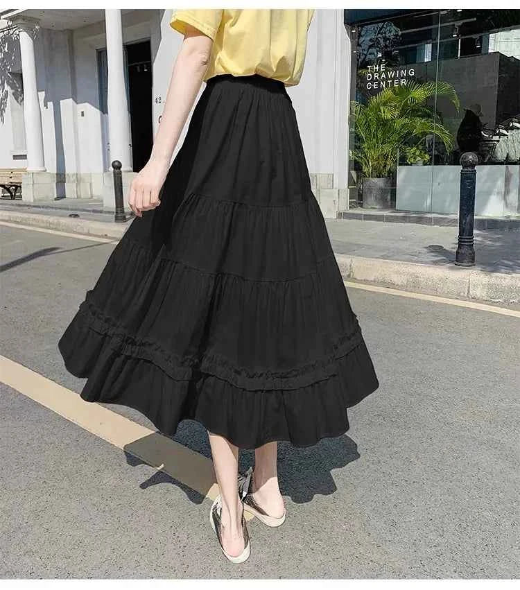 Matching Chic lady's white skirt sweet girls cake skirt elastic waist a line mid length flare skirt