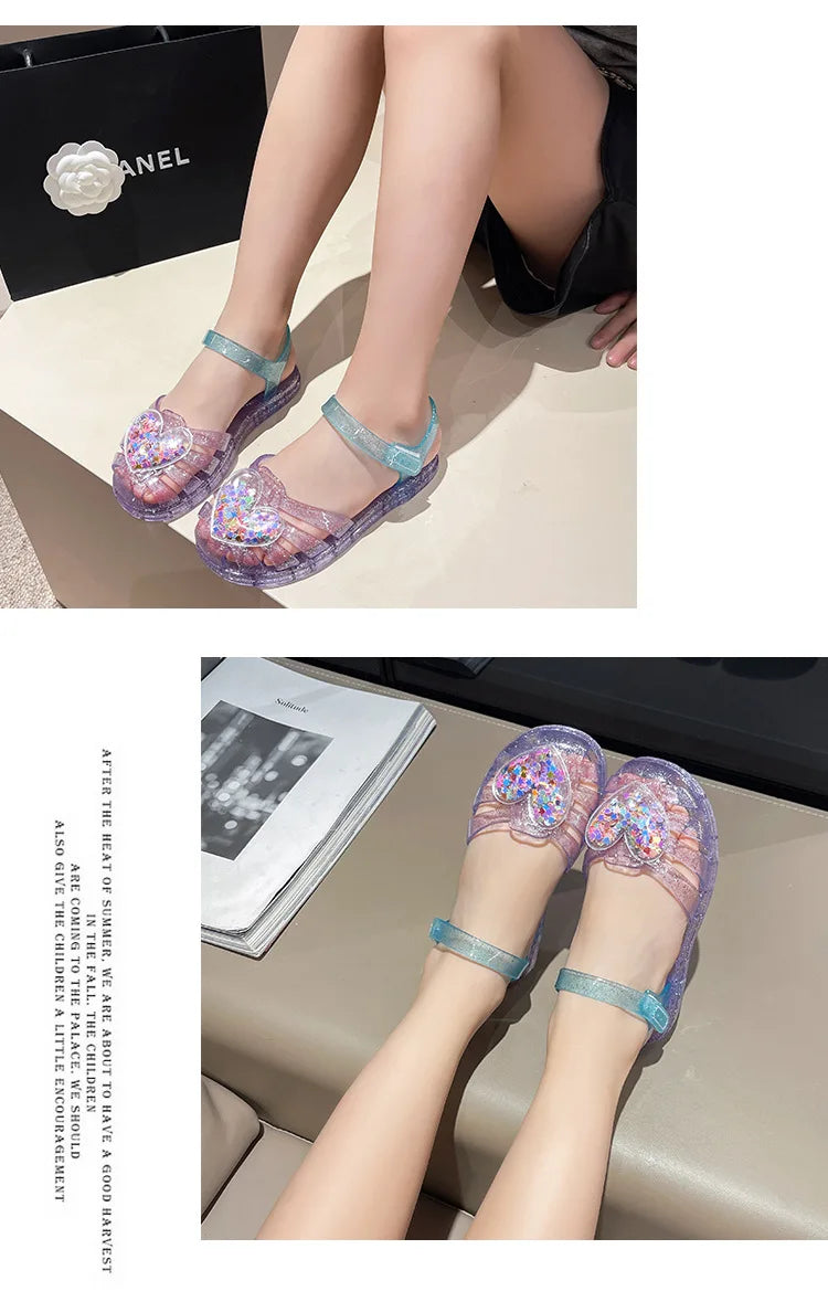 2026Kids' Sandals Ourdoor Crystal Jelly Shoes PVC Love Baby Fashion Flat For Girls Breathable Anti-slip Purple Sliver Size 24-35