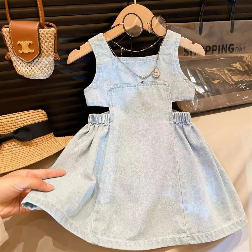 Summer Girls Blue Denim Sling Dress 2 - 7 Years Old Kids' Waist - Revealing Design Casual Princess Dress Stylish Children Outfit