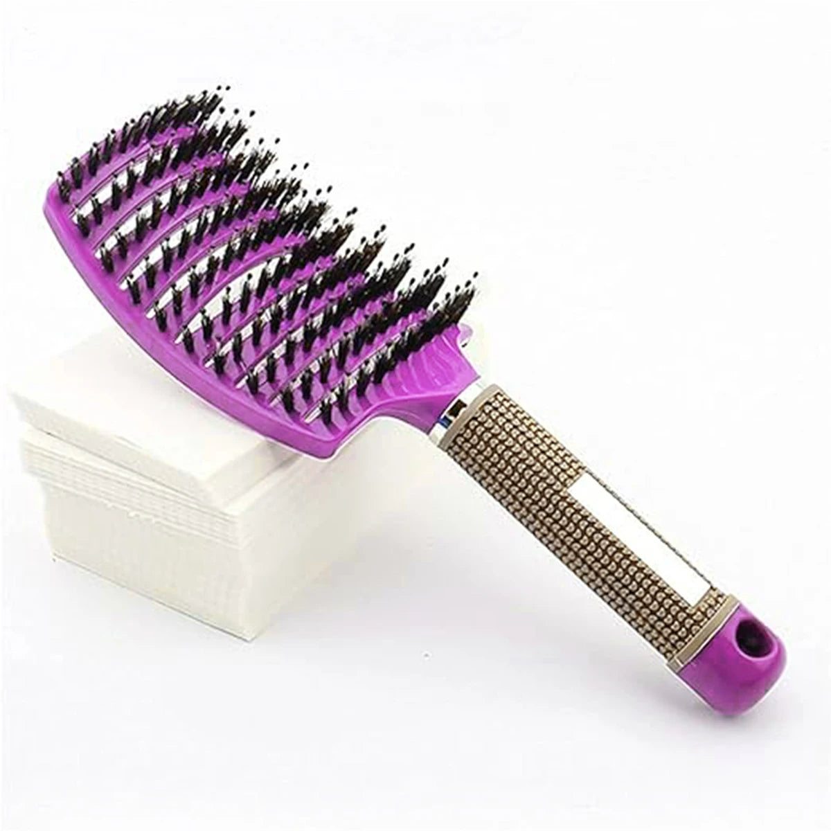Purple Color Detangling Scalp Massage Hair Brush With Boar Bristles