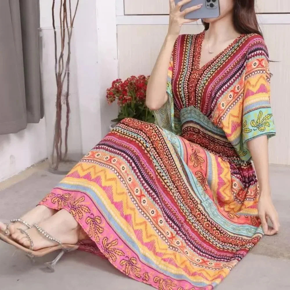 Colorful Flower V-neck Elastic Youthful Bohemian Sweet Midi Dress Woman Clothes Chic Fashion Summer Dresses 2025 Large Swing Ski