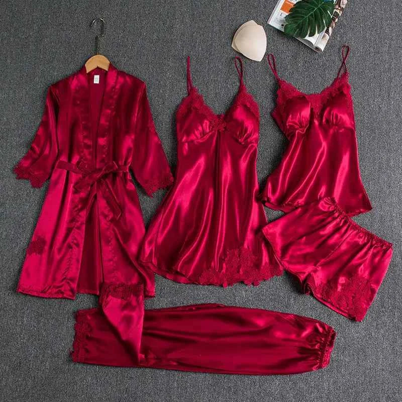 Customizable Sleepwear Female 5PCS Pajamas Set Satin Pyjamamas Lace Bridal Wedding Nightwear Rayon Home Wear Nighty&Robe Suits