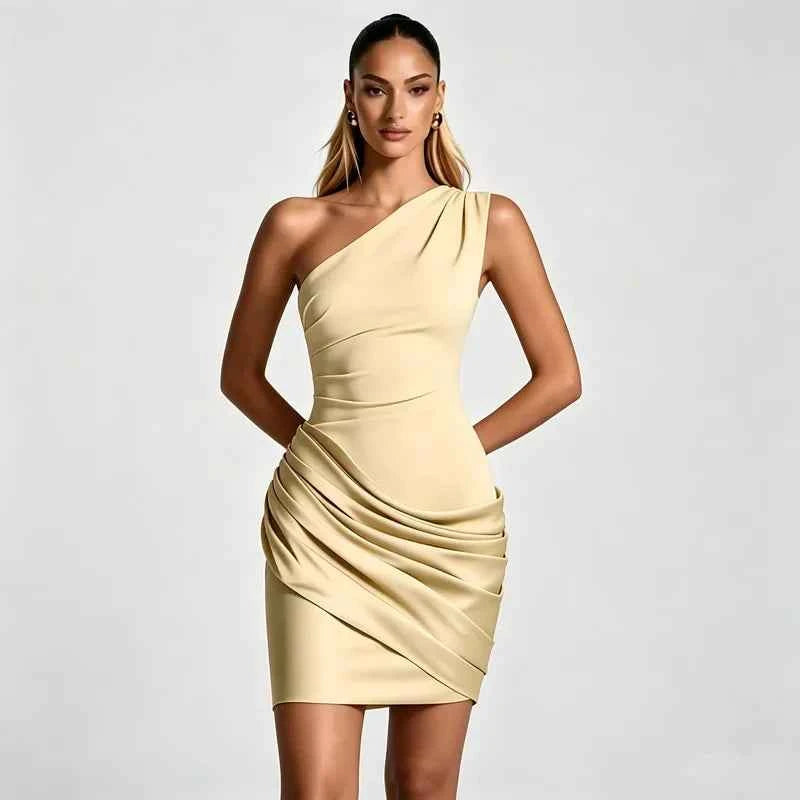Satin Patchwork One Shoulder Draped Ruched Dress Women's Sleeveless Bodycon Dresses Cocktail Birthday Party Evening Club Robes