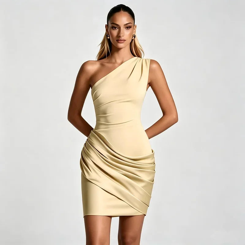 Satin Patchwork One Shoulder Draped Ruched Dress Women's Sleeveless Bodycon Dresses Cocktail Birthday Party Evening Club Robes