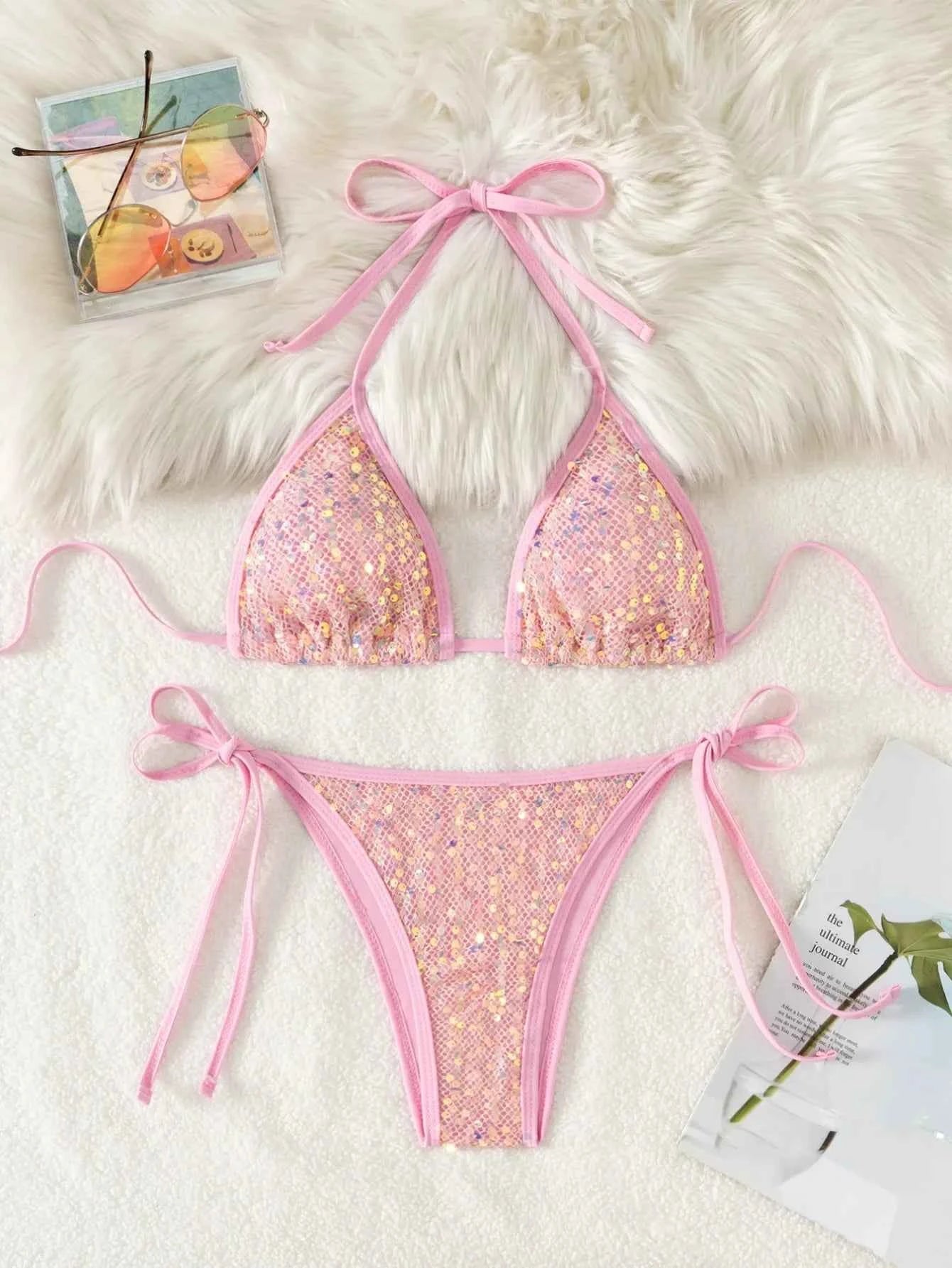 Shiny Sequin Black Bikini Set Women Sexy Push Up Bra Tie Side Triangle Swimsuit 2025 Brazilian Beach Bathing Suit Micro Swimwear