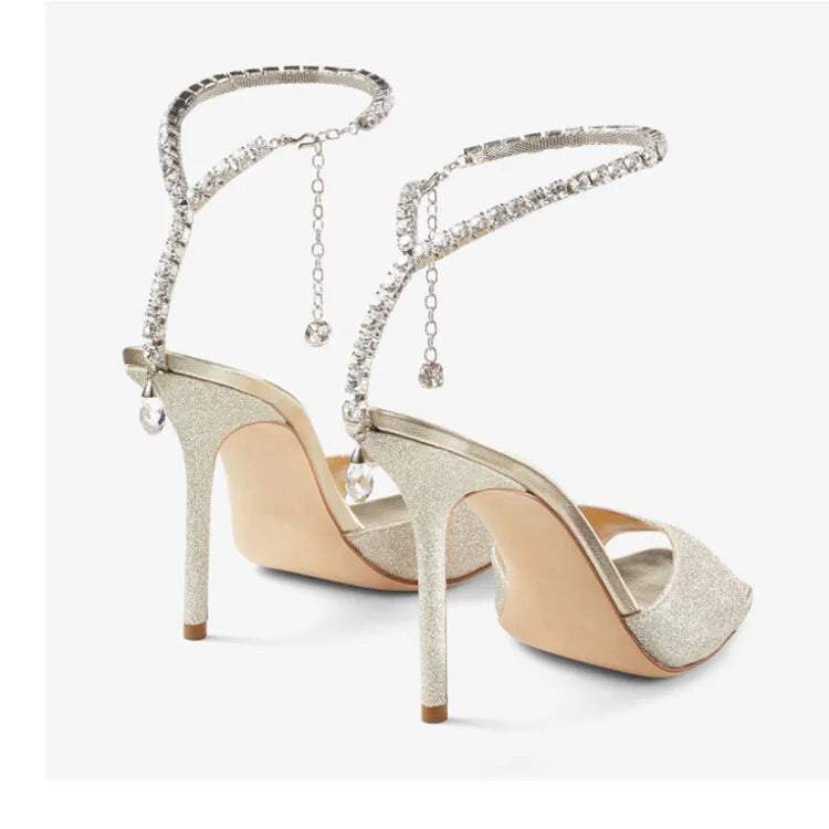 Colorful Chain Water Diamond Sandals Brand Walk Show Fish Mouth Evening Dress Elegant High Heels 2023 New Pendant Women's Shoes