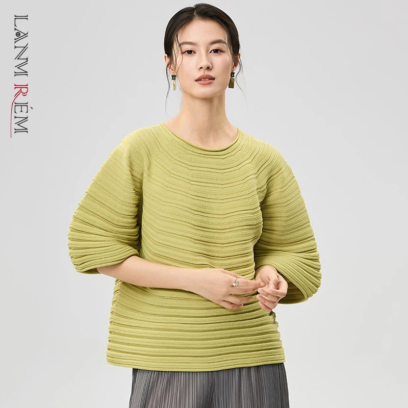 LANMREM Casual Pleated Texture Round Neck Half Sleeve Thick Wome's T-shirt Chic New Knitwear Fashion Pullover Top Chic 2DB5036