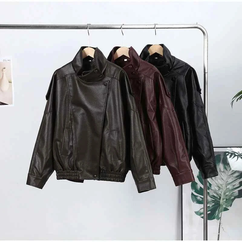 Vintage PU Leather Women's Jacket Stand Collar Zipper Button Coats Female Long Sleeve Outerwear Spring Lady Street Jackets