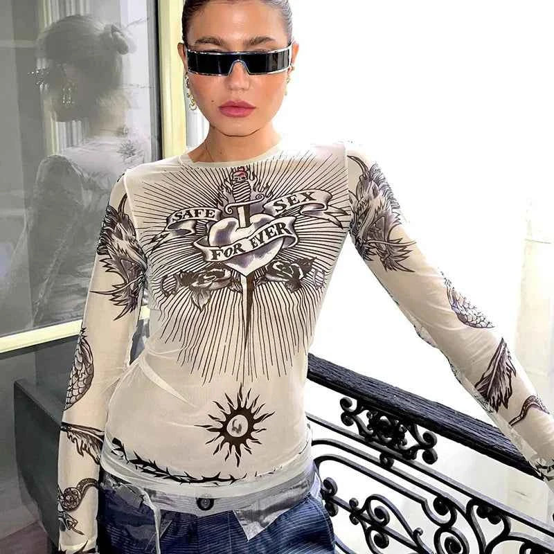 Y2k Aesthetic Punk Clothes Graphic Tees Women Gothic Fashion Full Sleeve Woman Tshirts See Through Streetwear Egirl Tops T Shirt