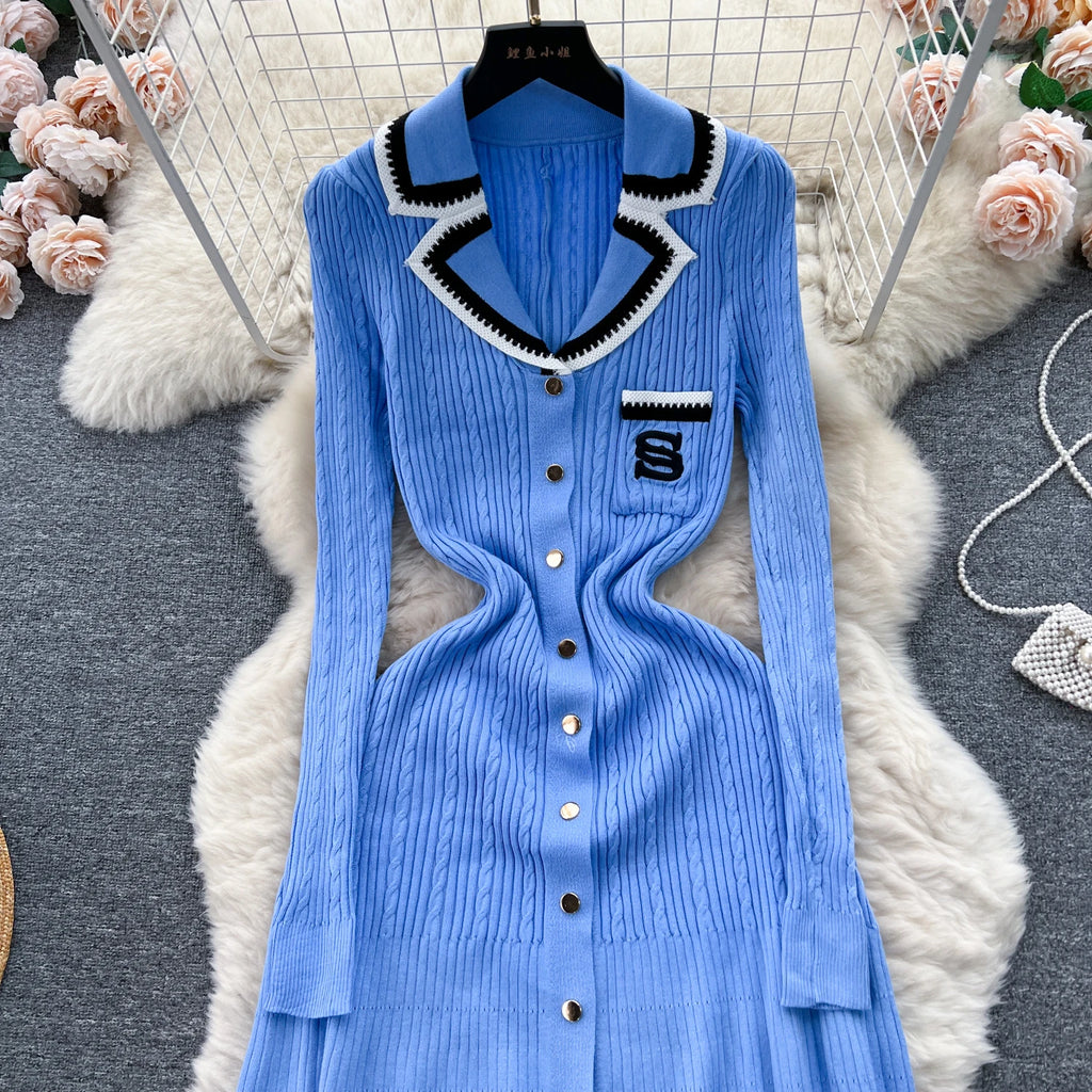 SINGREINY Autumn Winter Wear Dress Women Polo Single Breasted Pocket Design Bodycon Knitting Temperament Sweater Long Dresses