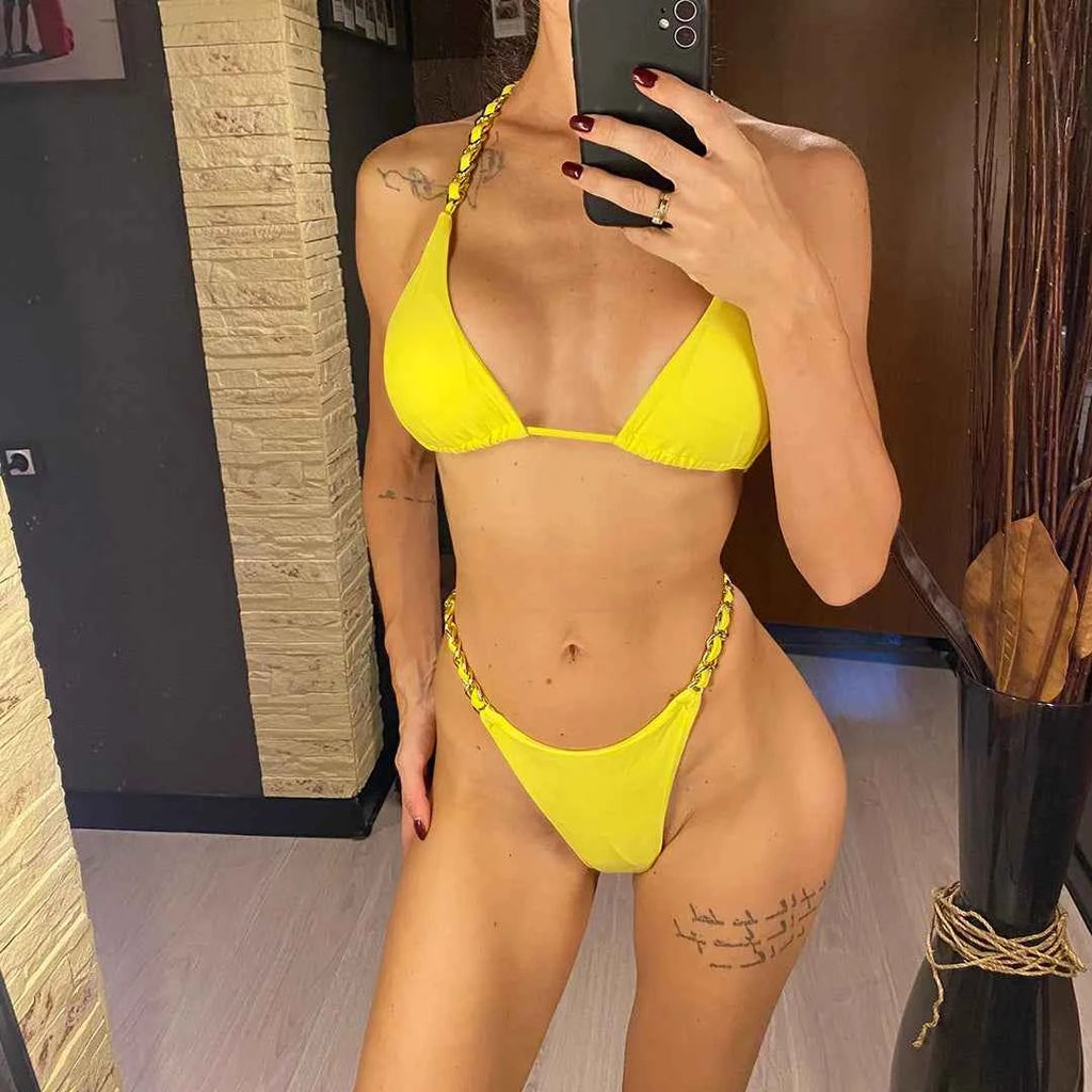 Metal Ring Halter Scrunch Butt Thong Bikini Women Swimwear Female Swimsuit Two-pieces Bikini set Bather Bathing Suit Swim V4391