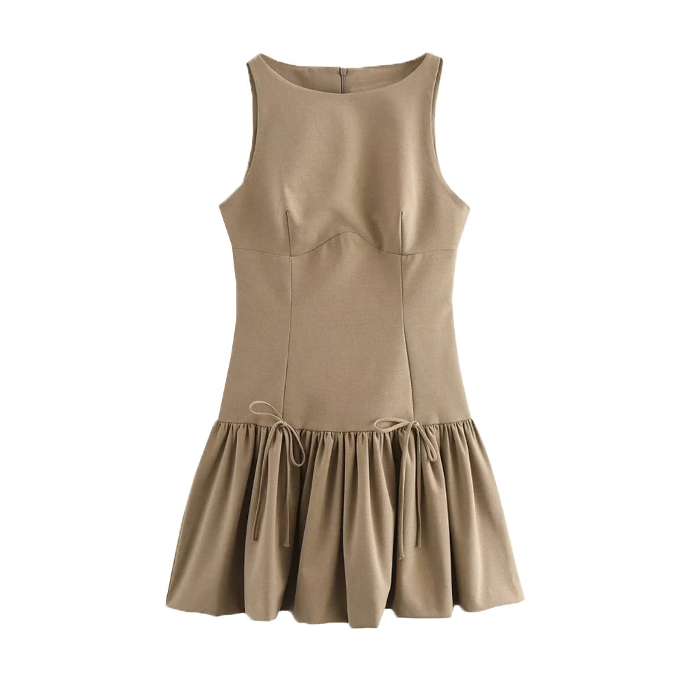 Women's Ruffled Mini Dress with Bows, O Neck, Sleeveless, Back Zipper, Female Dresses, Chic Fashion