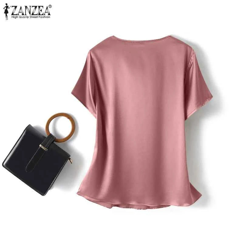 Women Summer Blouses ZANZEA 2024 Fashion Satin Tops Short Sleeve Blusas Female O Neck Casual Home Wear Tunic Chemise Oversized