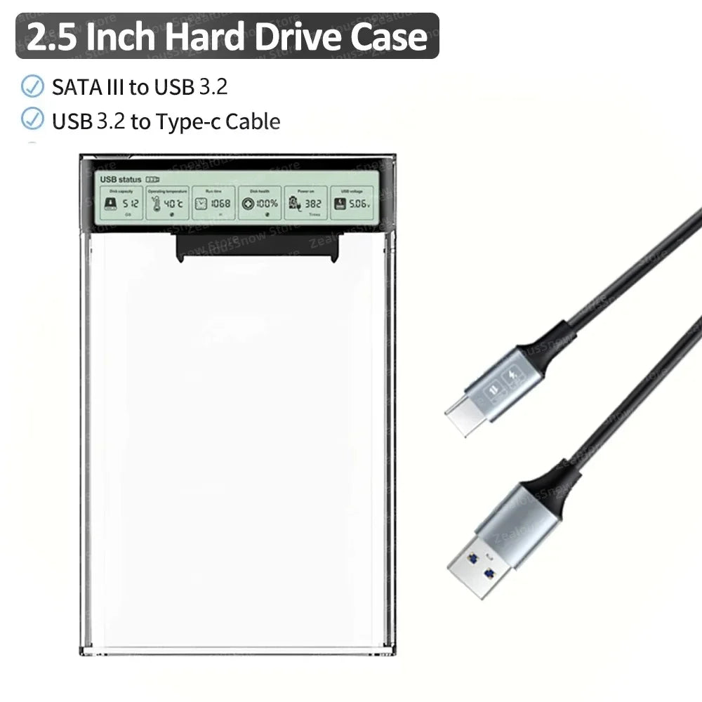 2.5'' HDD SSD Case Smart Display External HDD Shell USB3.2 Gen2 Enclosure Hard Drive Clear Portable Storage Case for Laptop PC