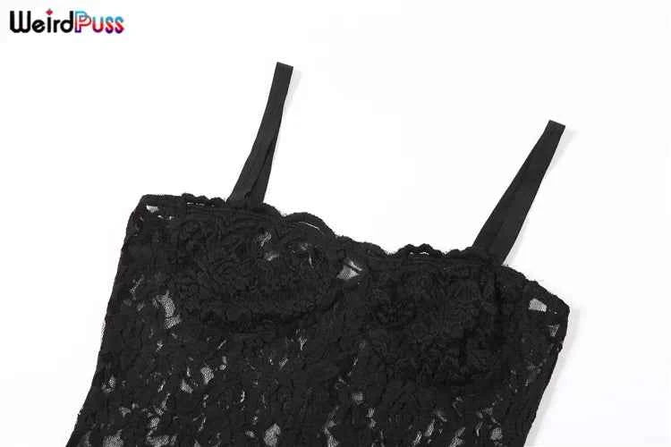 Weird Puss Lace Black Women Maxi Dress See Through Sleeveless Ladies Sexy Coquette Nightclub Party Bodycon Slim Fit Vestidos