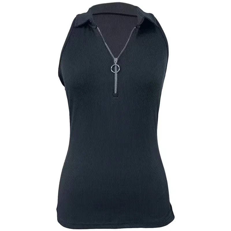 Europe and the United States new spring and summer solid color pit strip lapel zipper vest women fashion casual T-shirt women's