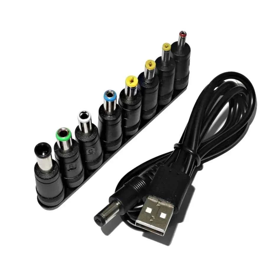 Universal Power Cable USB to DC 5.5 * 2.1mm Jack 5V Charging Cord with 8 Selectable Connector Tips for CCTV Cameras TV Box