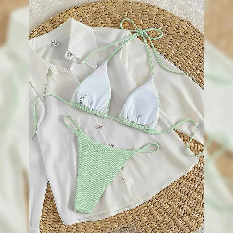 2025 Special Pit Stripe Fabric Bikini Set Women Sexy Simple Solid Halter Bikini Swimsuit High Waisted Lace Up Beach Bathing Suit