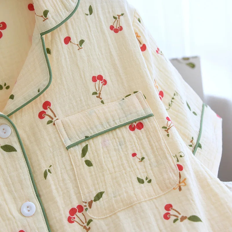2024 New Summer Autumn Women Pajamas 100% Cotton Gauze Cherry Print Sleepwear Female 2 Piece Set Nightwear Pyjamas Loungewear