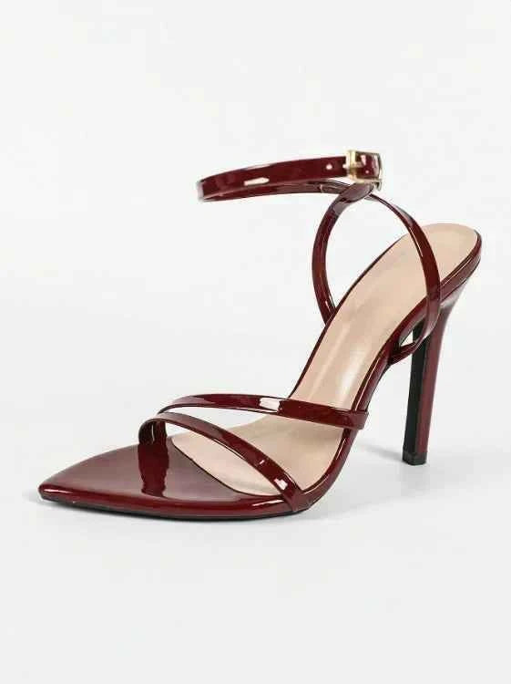 Fashionable Party High Heels Women's Pointed Toe Patent Leather Cross Ankle Strap Sandals Rubber Sole Square Head Shape