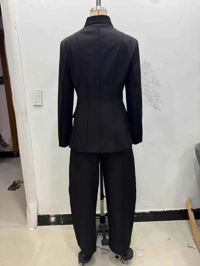 ETJ 2025 women's new fashion design three-dimensional cut high collar slim suit jacket & matching casual trousers