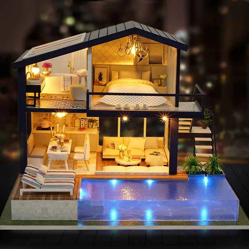 DIY Wooden Dollhouse Mini Building Kit Handmade Doll House Case Model 3D Puzzle Assembly With Furniture Toys For Christmas Gifts