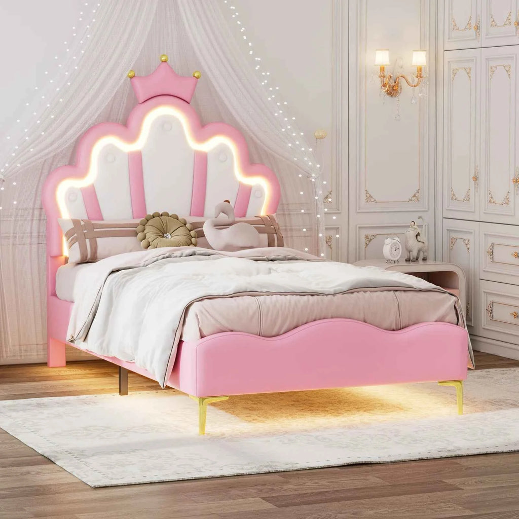 Comanlai Children's Bed  90x200cm with LED Light and Crown-shaped Headboard,Upholstered Bed with Slatted Frame,PU Leather,Pink