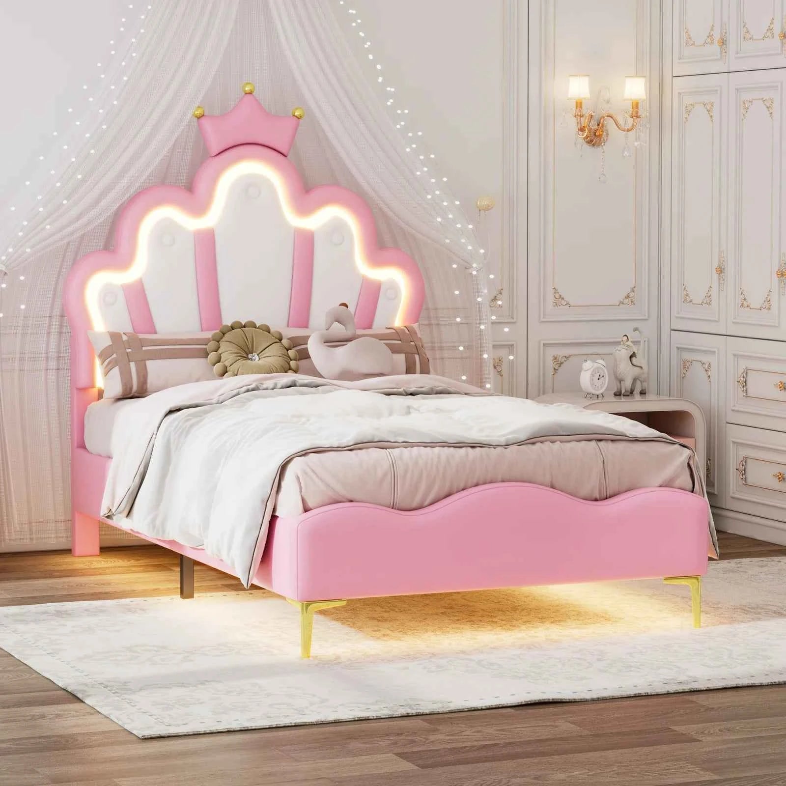 Comanlai Children's Bed  90x200cm with LED Light and Crown-shaped Headboard,Upholstered Bed with Slatted Frame,PU Leather,Pink