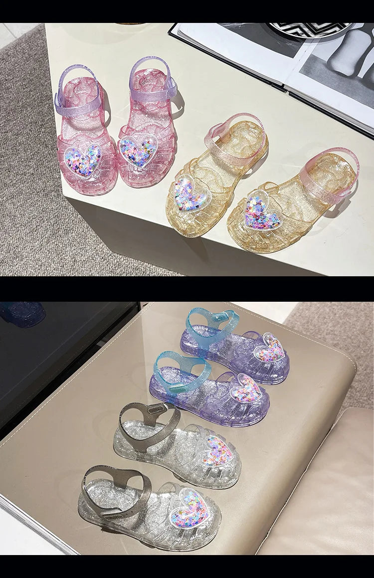 2026Kids' Sandals Ourdoor Crystal Jelly Shoes PVC Love Baby Fashion Flat For Girls Breathable Anti-slip Purple Sliver Size 24-35
