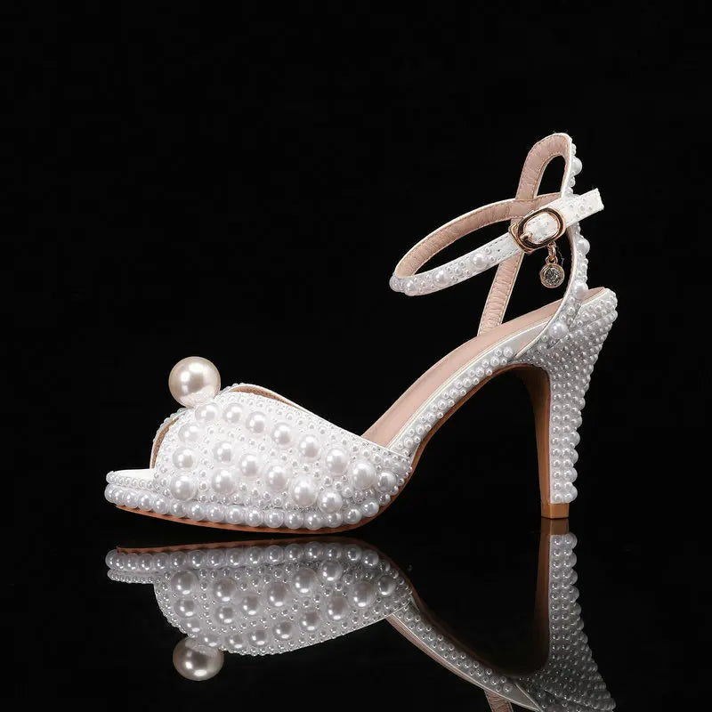 2025 Autumn New Fish Mouth High Heels Waterproof Platform Shallow Mouth 8.5cm Pearl Women'S Single Shoes Bride Wedding Shoes