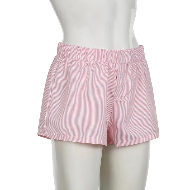 Striped Print Casual Shorts for Women Elastic Waist Fashion Button Bottoms Streetwear Chic Basic Y2K Loose Shorts