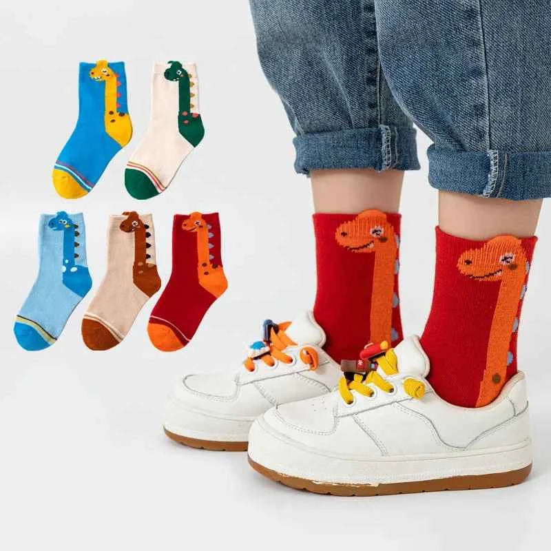 5 Pairs Kids Socks Cartoon Dinosaur Pattern Comfortable Children Socks For Boys And Girls