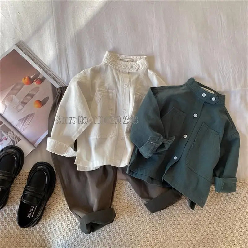 Baby Shirt New Band Collar Cotton Long Sleeve Shirt Coat Boys Girls Tops Clothes