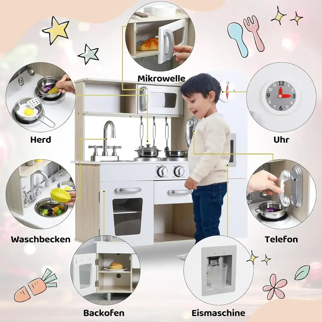 Wooden Play Kitchen Set Pretend Play Kitchen with Lights and Sounds for Kids Ages 3+, Includes Stove Oven Microwave Coffee Maker