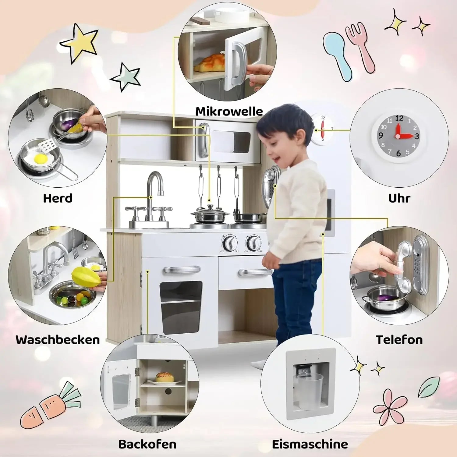 Wooden Play Kitchen Set Pretend Play Kitchen with Lights and Sounds for Kids Ages 3+, Includes Stove Oven Microwave Coffee Maker