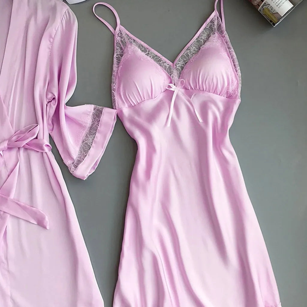 2pcs Women Pajamas Suit Silky Satin Nightgown Nightdress Set Lace Patchwork Lace-Up Women Bathrobe Sleepwear Set