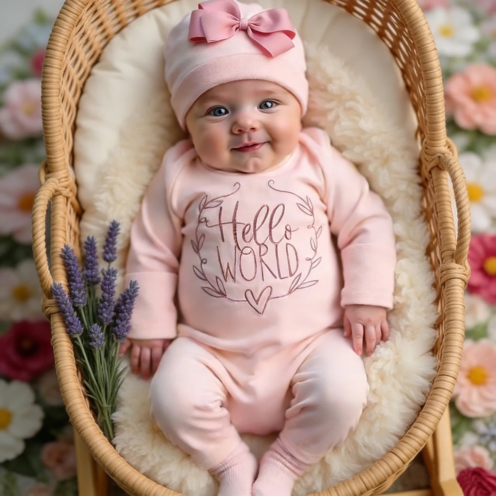 Ylsteed "Hello World" Embroidery Newborn Photography Props Infant Romper Jumpsuit with Bow Hat Baby Coming Home Outfit Baby Gift