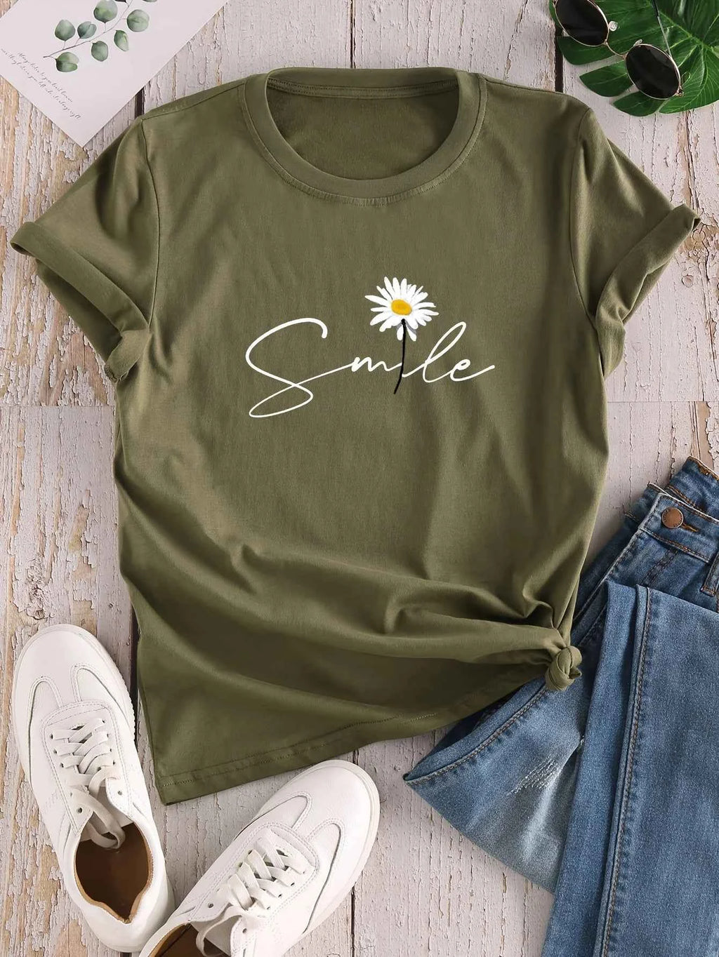 Flower & Letter Print Crew Neck T-Shirt, Casual Short Sleeve T-Shirt For Spring & Summer, Women's Clothing