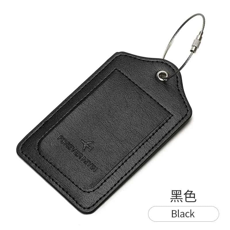 PU leather luggage tag with anti loss wire rope loop and built-in privacy protection cover, suitable for luggage and travel bags