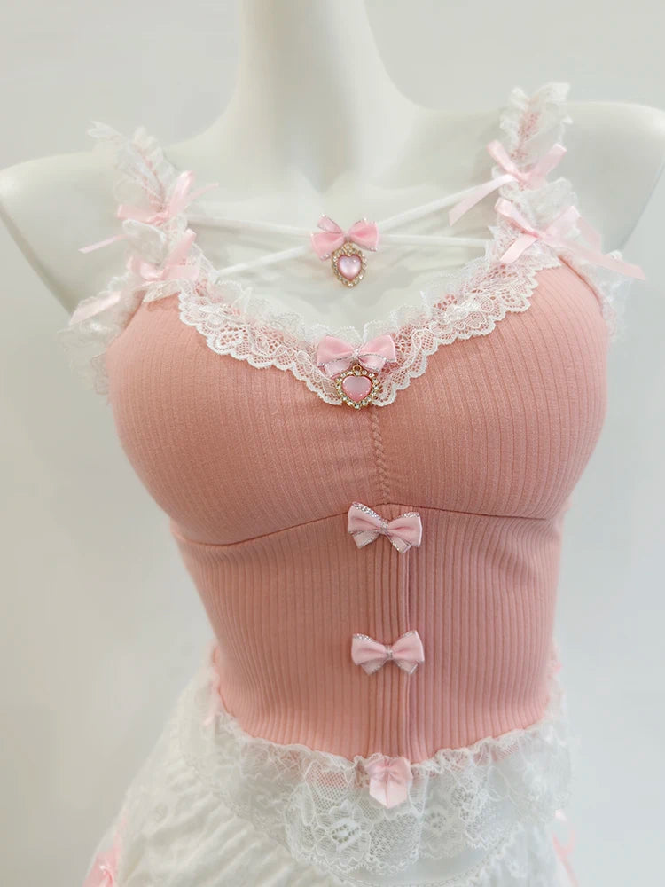 Sweet Crop Top Women Lace Trim Cotton Cropped Bows Bead Decoration Pink White Cute Camis Sweet Girls Lolita Style Kawaii Clothes