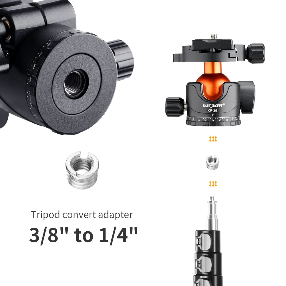 K&F CONCEPT Professional Tripod Ball Head 360° Rotation Panoramic 1/4" to 3/8" Srew Adapters BallHead for Tripod Monopod Camera