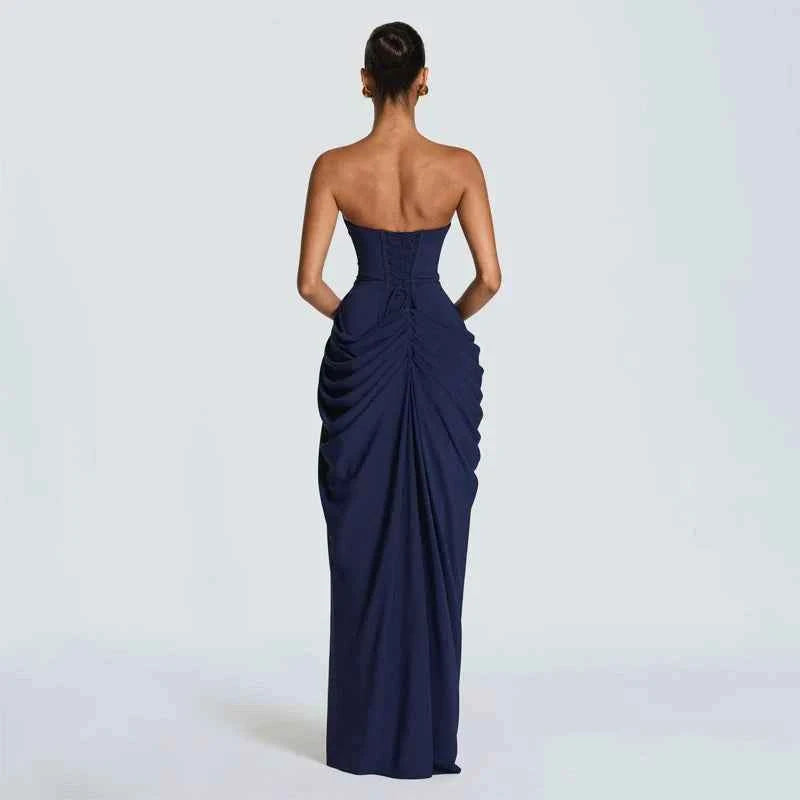 Women Sexy Solid Pleated Strapless Dress Lady Chic Off-shoulder Backless High Waist Split Dresses  Evening Party Gown 2026 New