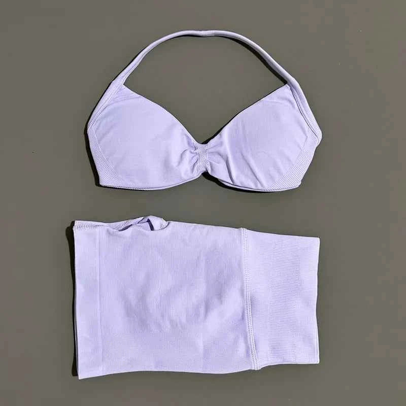 HISTELLO Gym Set 2 Piece Women Strappy Yoga Bra Top Workout Scrunch Shorts Sports Suit Fitness Clothes Seamless Yoga Set