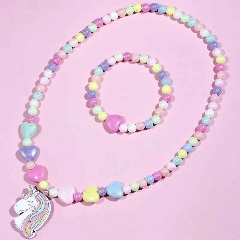 2pcs Colorful Cartoon Unicorn Flower Animal Child Sweater Necklace Bracelet Girl's Gifts Children's Jewelry Kids Toys