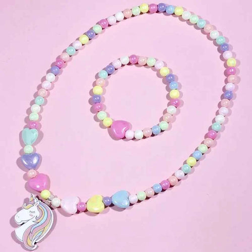 2pcs Colorful Cartoon Unicorn Flower Animal Child Sweater Necklace Bracelet Girl's Gifts Children's Jewelry Kids Toys