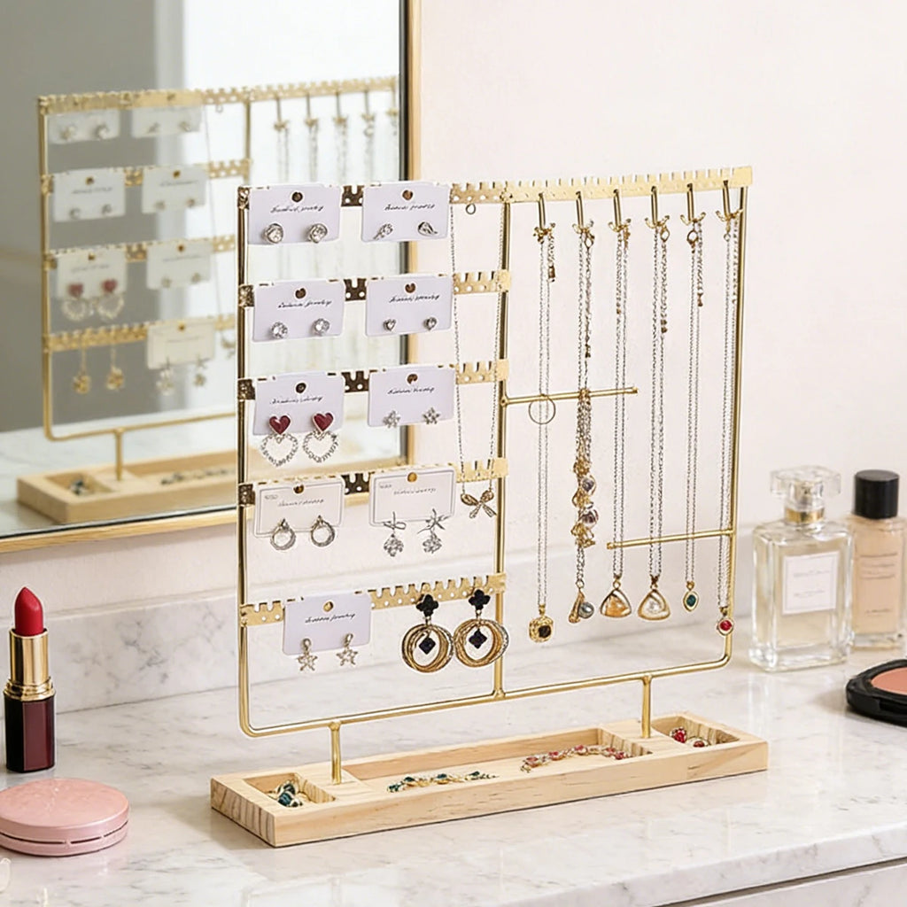Metal Jewelry Organizer Stand with Wooden Tray - Multi-Functional Storage for Earrings, Necklaces, Bracelets & Rings