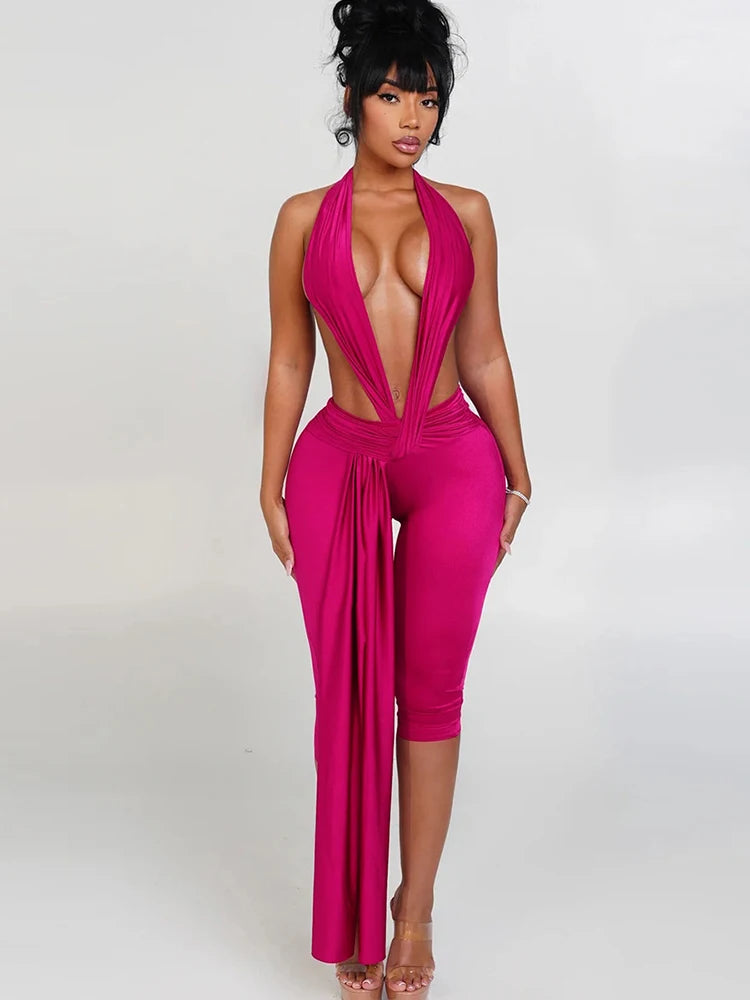 Sisterlinda Backless Halter Romper Women Ribbon Patchwork Sleeveless Elastic Workout Activewear Midnight Activity Slim Playsuits