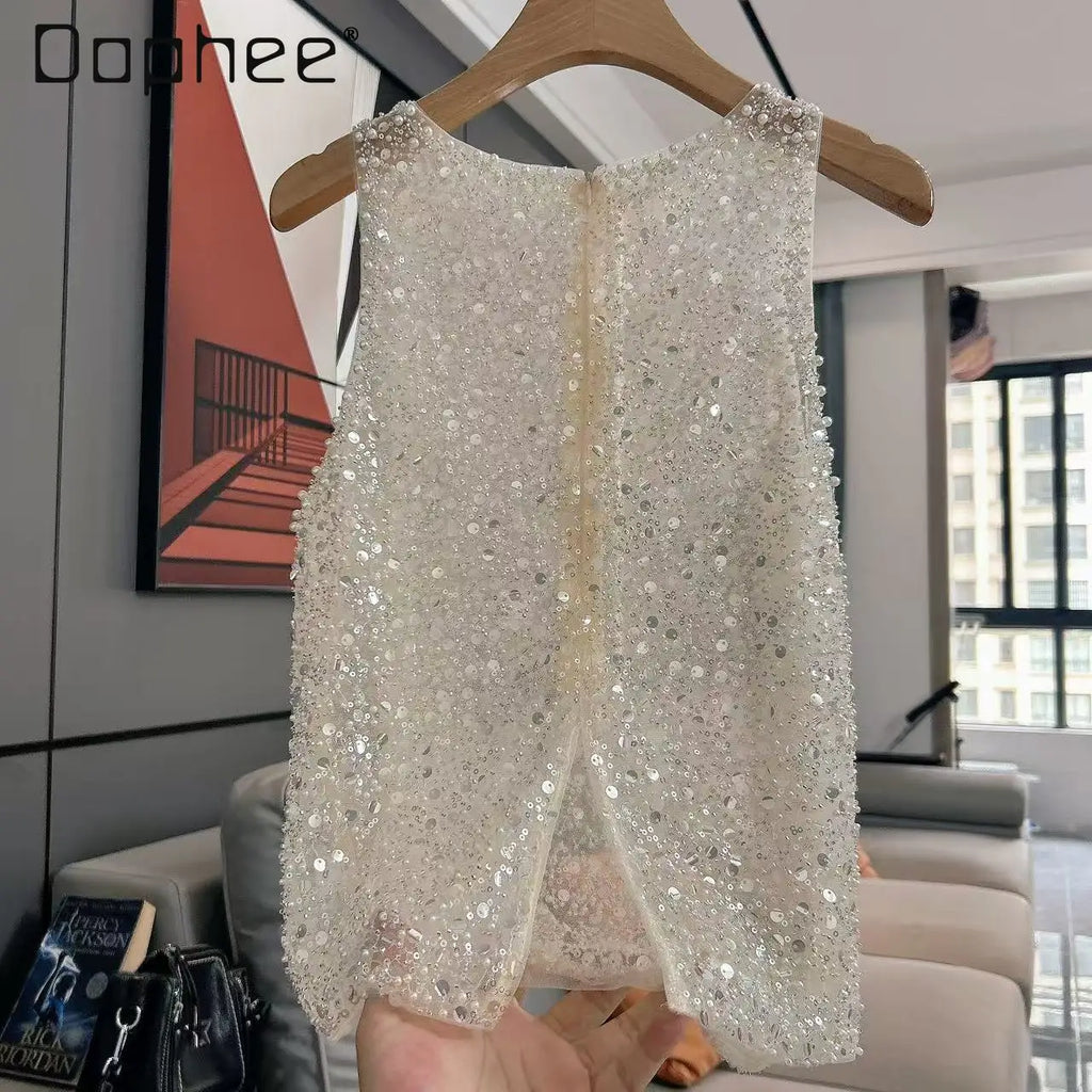 2025 Spring Summer New Light Luxury Fashion Versatile Beaded Sequined Sleeveless Vest Top Women Loose Casual Fashion Sexy Top