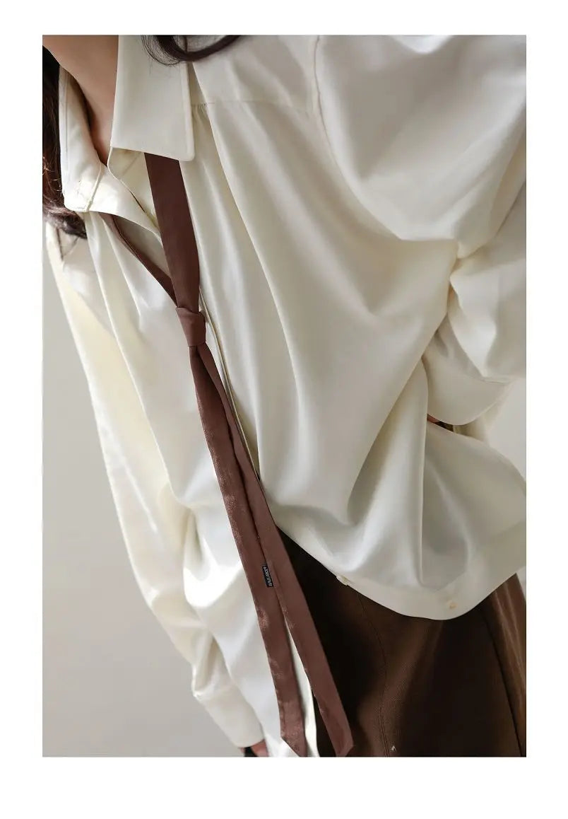 2026 Summer Women's Oversized Long Sleeve Blouse 2026 Summer New Arrival Tie Neck Shirt Loose Fit Office Elegant Fashion