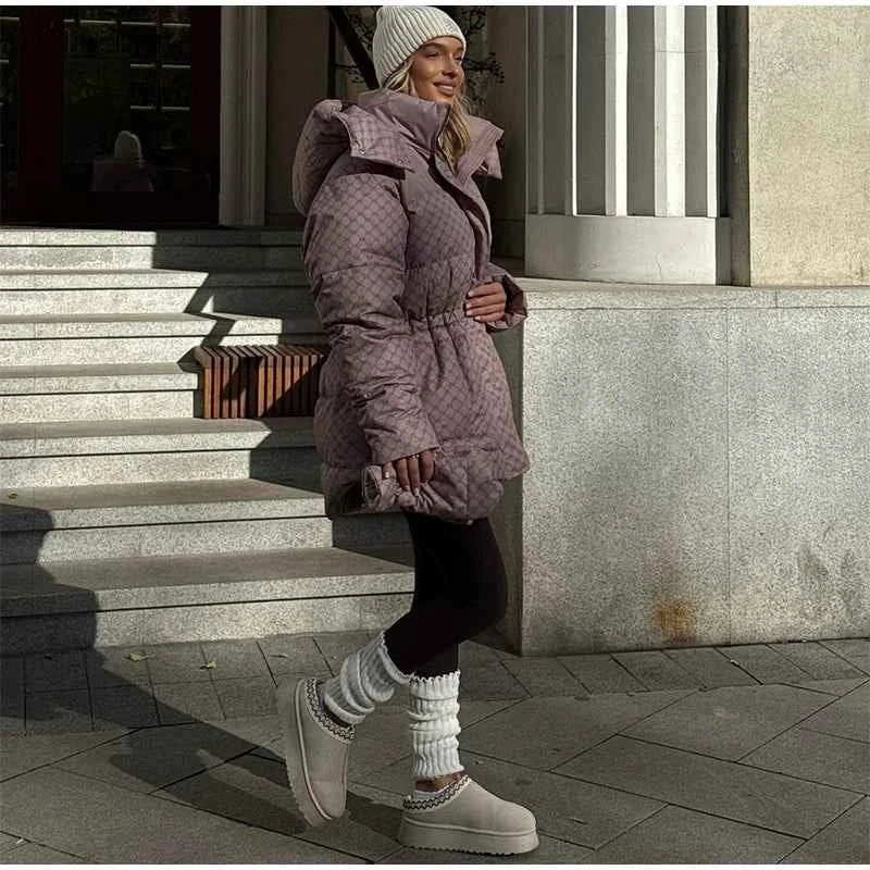 Printed Female Winter Cotton Quilted Jacket Hooded Thicken Zipper Single Breasted Long Sleeve 2025 New Casual Coat Loose Outwear